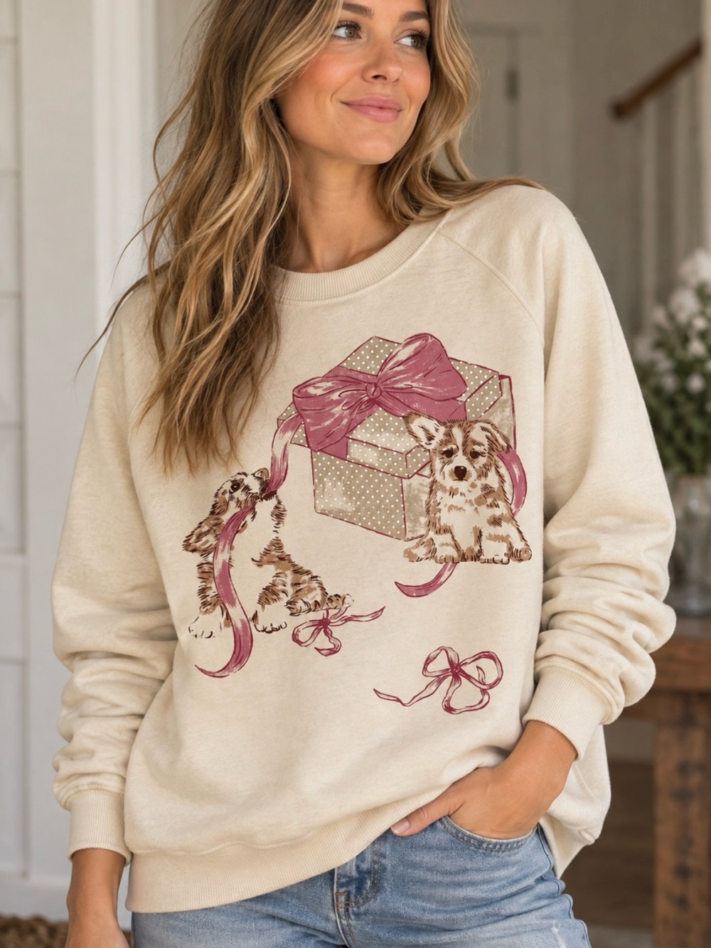Maeve NWOT Anthropologie Sweatshirt with Pink Ribbon & Puppy, Very Soft & Cozy!